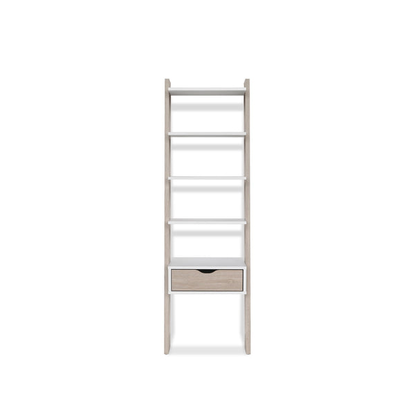 Clive 5 Tier Ladder Shelf with Drawer - Walnut + White