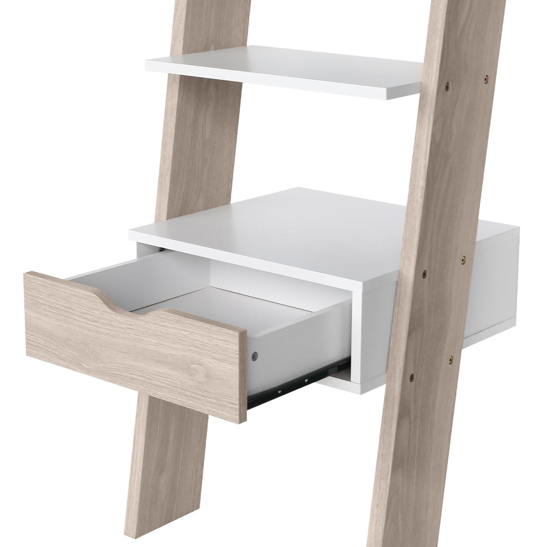 Clive 5 Tier Ladder Shelf with Drawer - Walnut + White