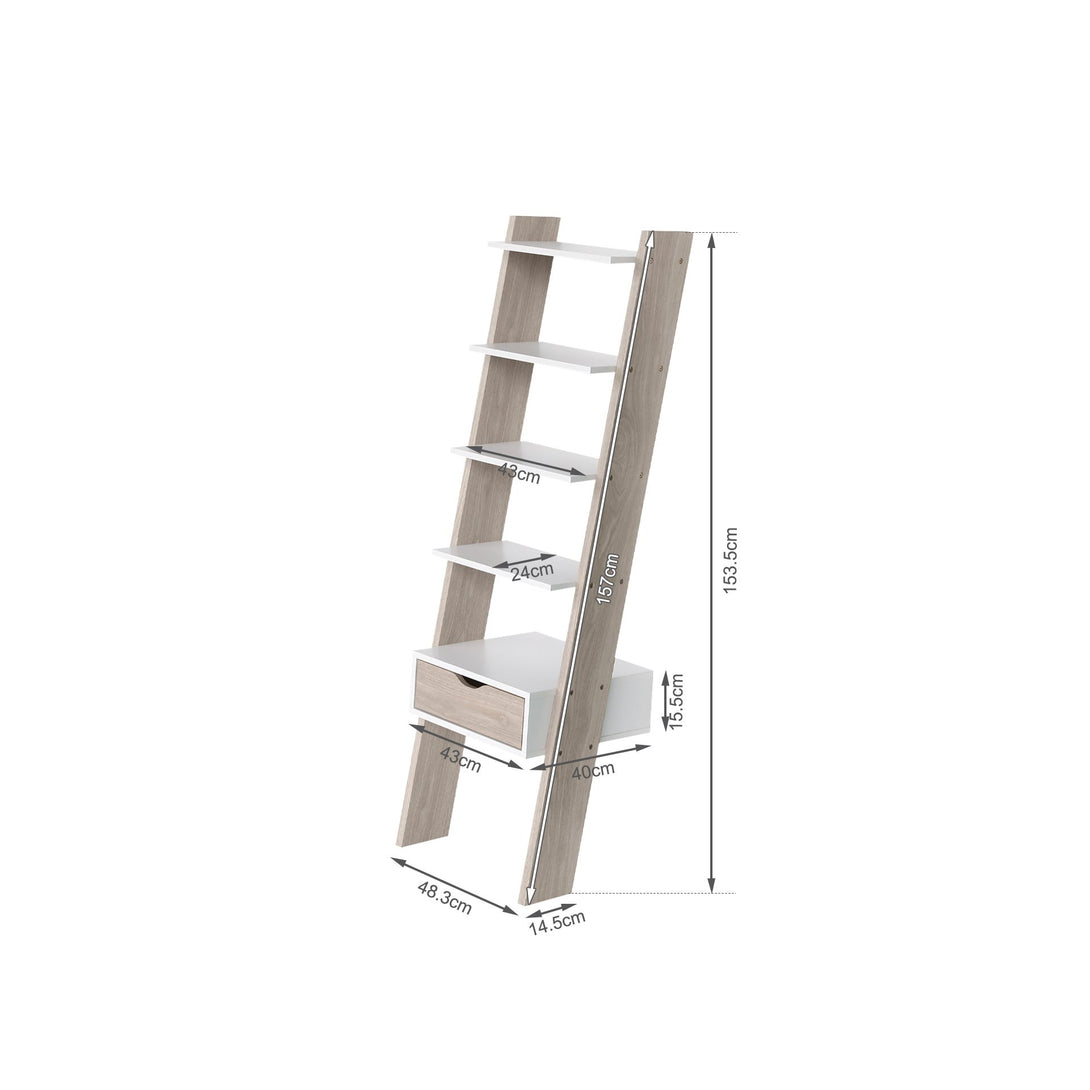 Clive 5 Tier Ladder Shelf with Drawer - Walnut + White