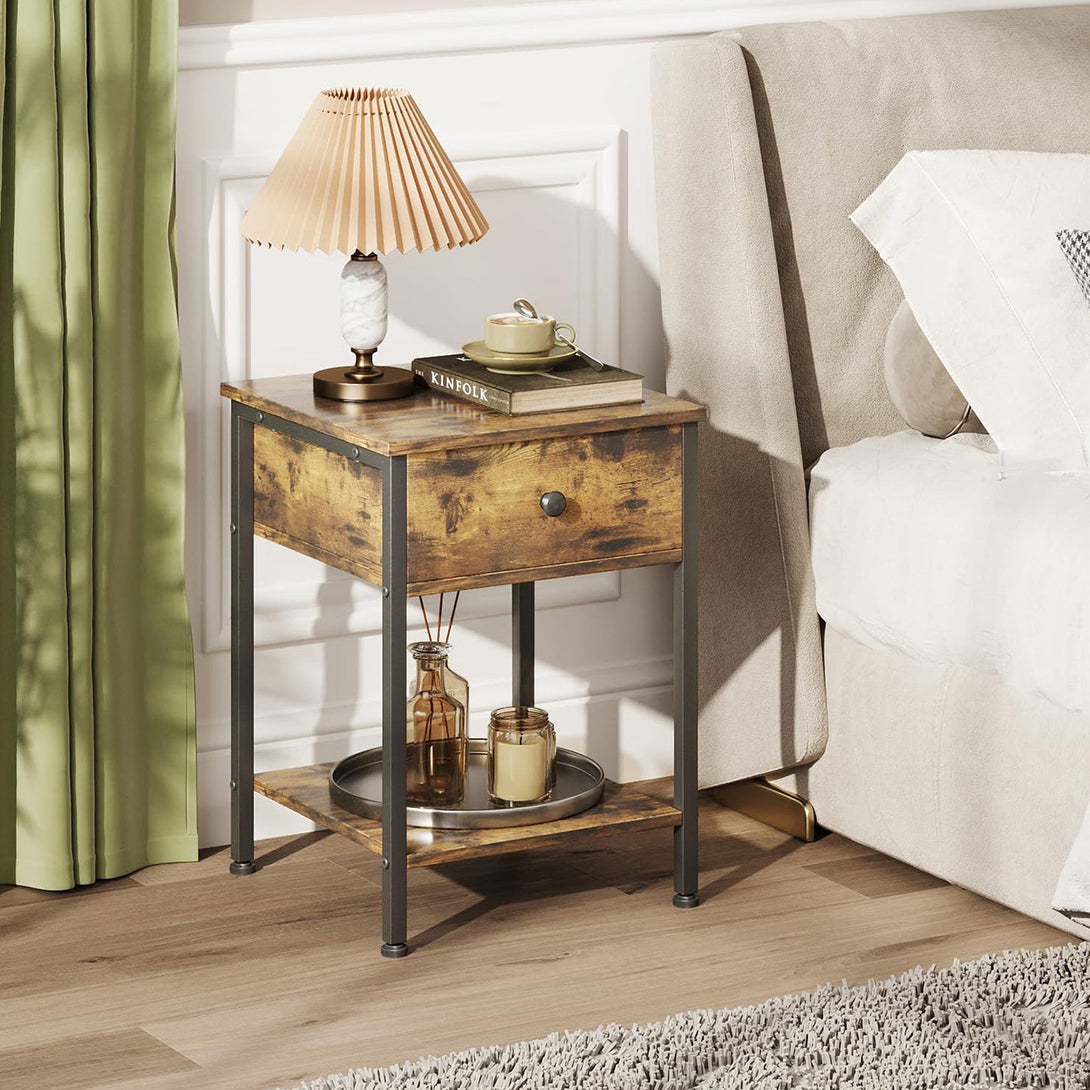 Atlas Side Table with Drawer and Storage Shelf - Rustic Brown