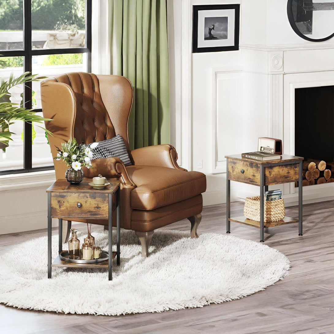 Atlas Side Table with Drawer and Storage Shelf - Rustic Brown