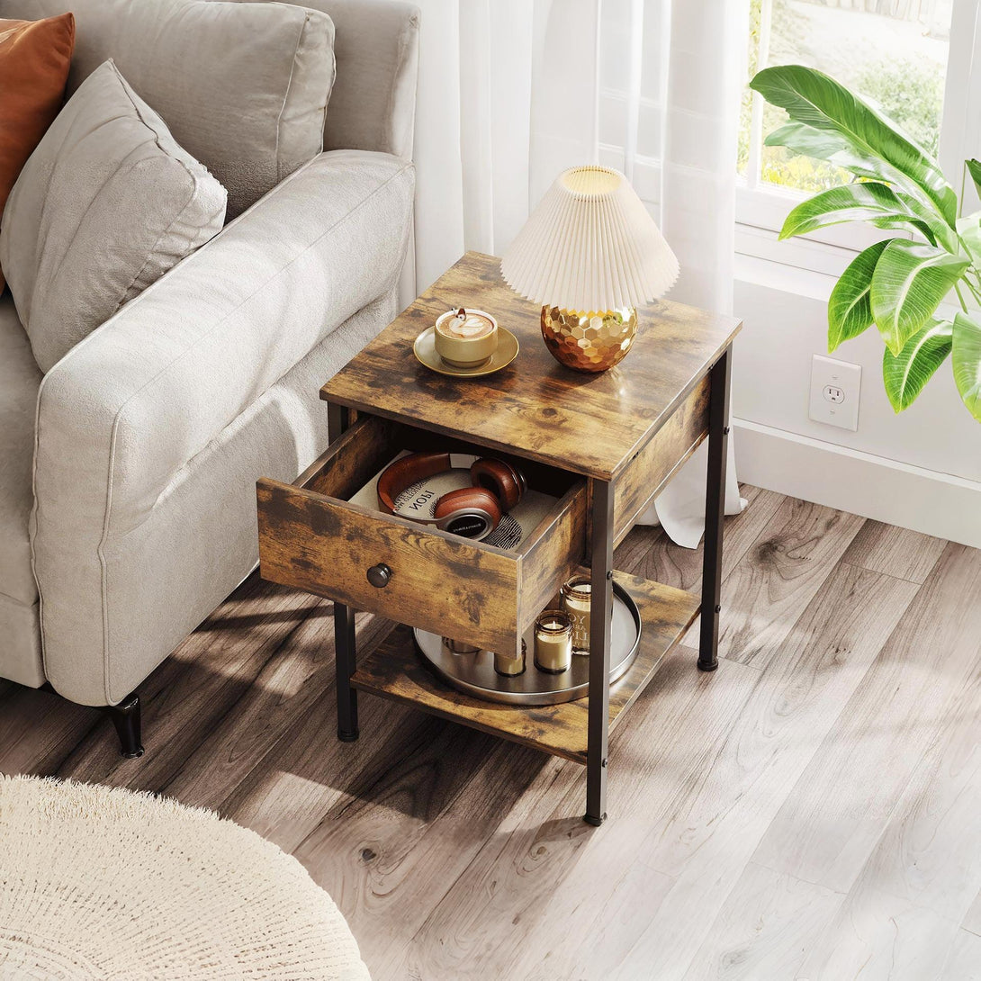 Atlas Side Table with Drawer and Storage Shelf - Rustic Brown