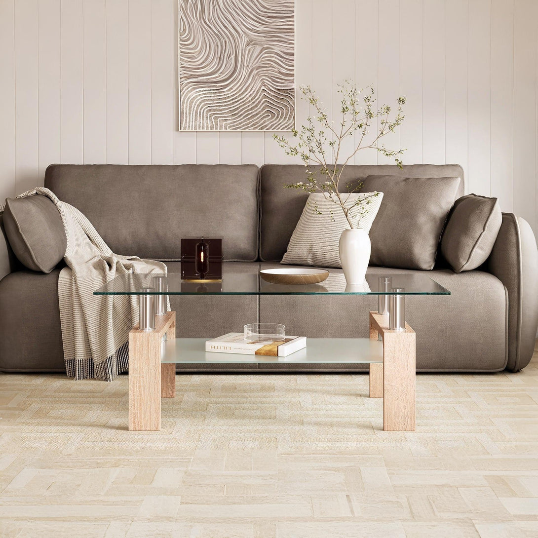 Ollie Tempered Glass Rectangle Coffee Table 110 x 60cm - Oak