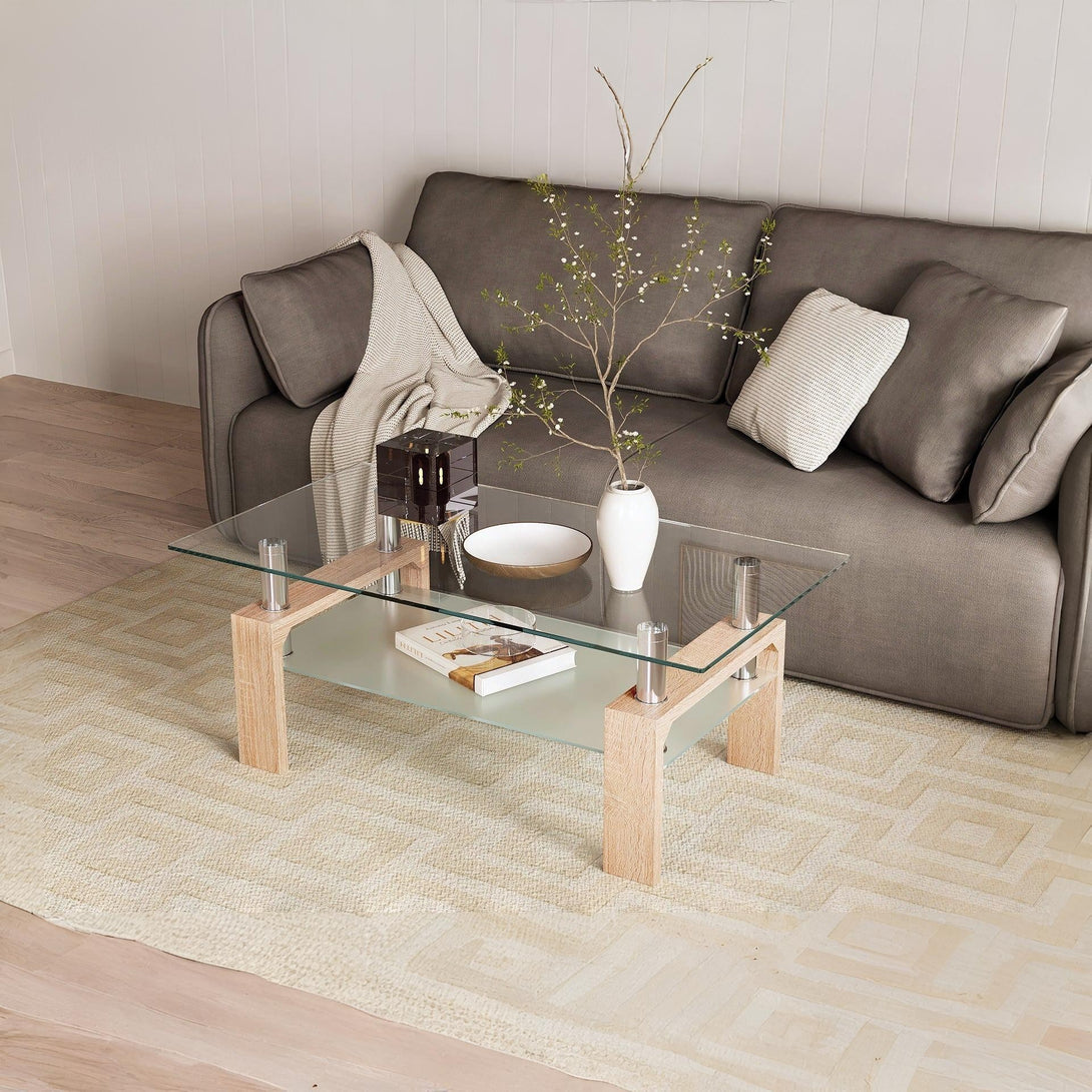 Ollie Tempered Glass Rectangle Coffee Table 110 x 60cm - Oak