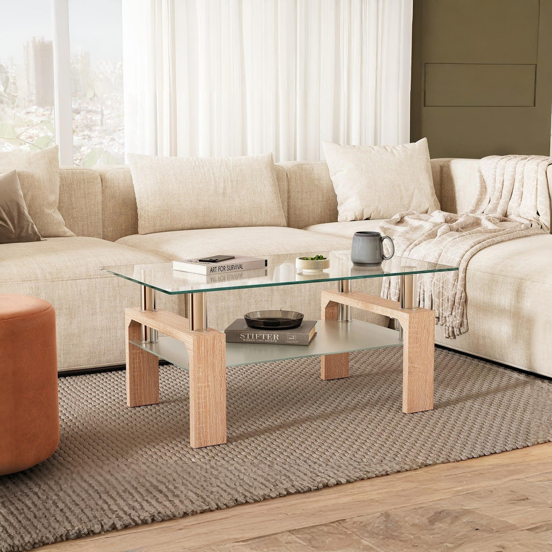 Ollie Tempered Glass Rectangle Coffee Table 95 x 55cm - Oak