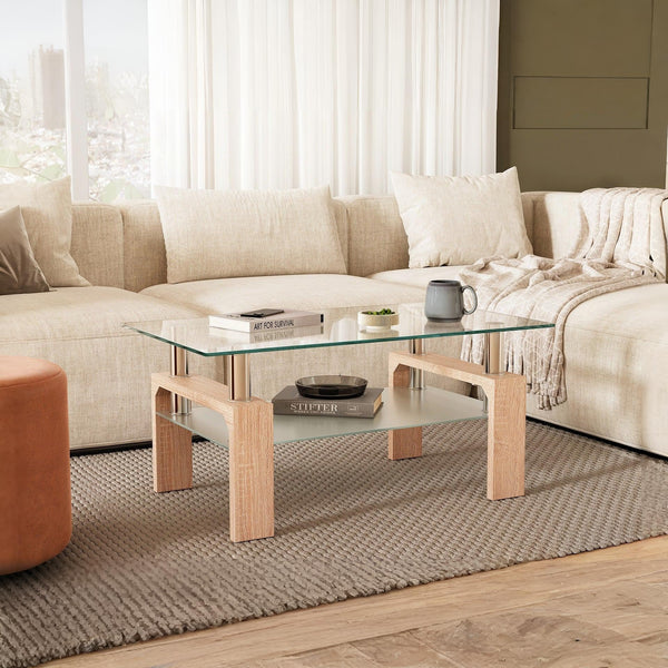 Ollie Tempered Glass Rectangle Coffee Table 95 x 55cm - Oak