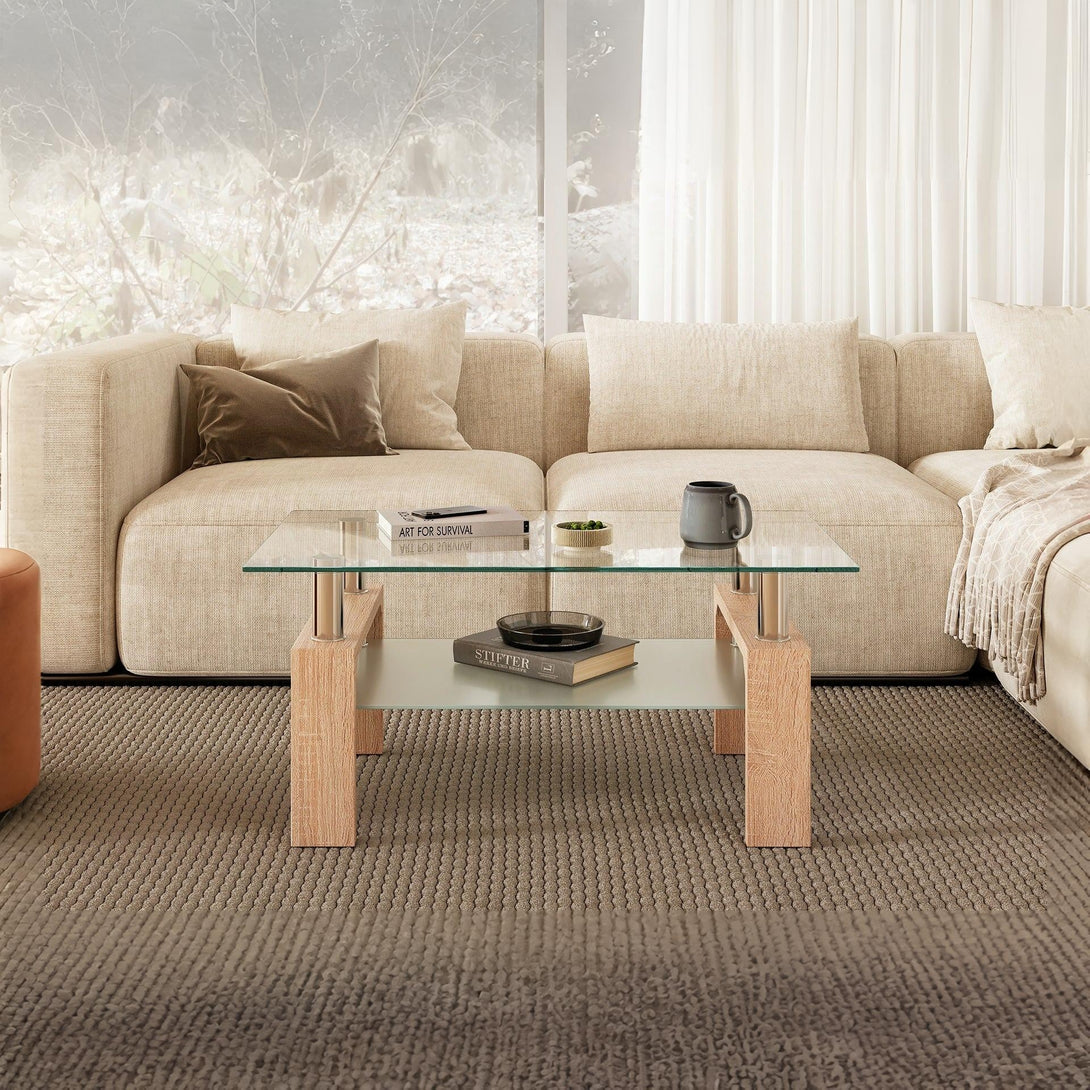 Ollie Tempered Glass Rectangle Coffee Table 95 x 55cm - Oak