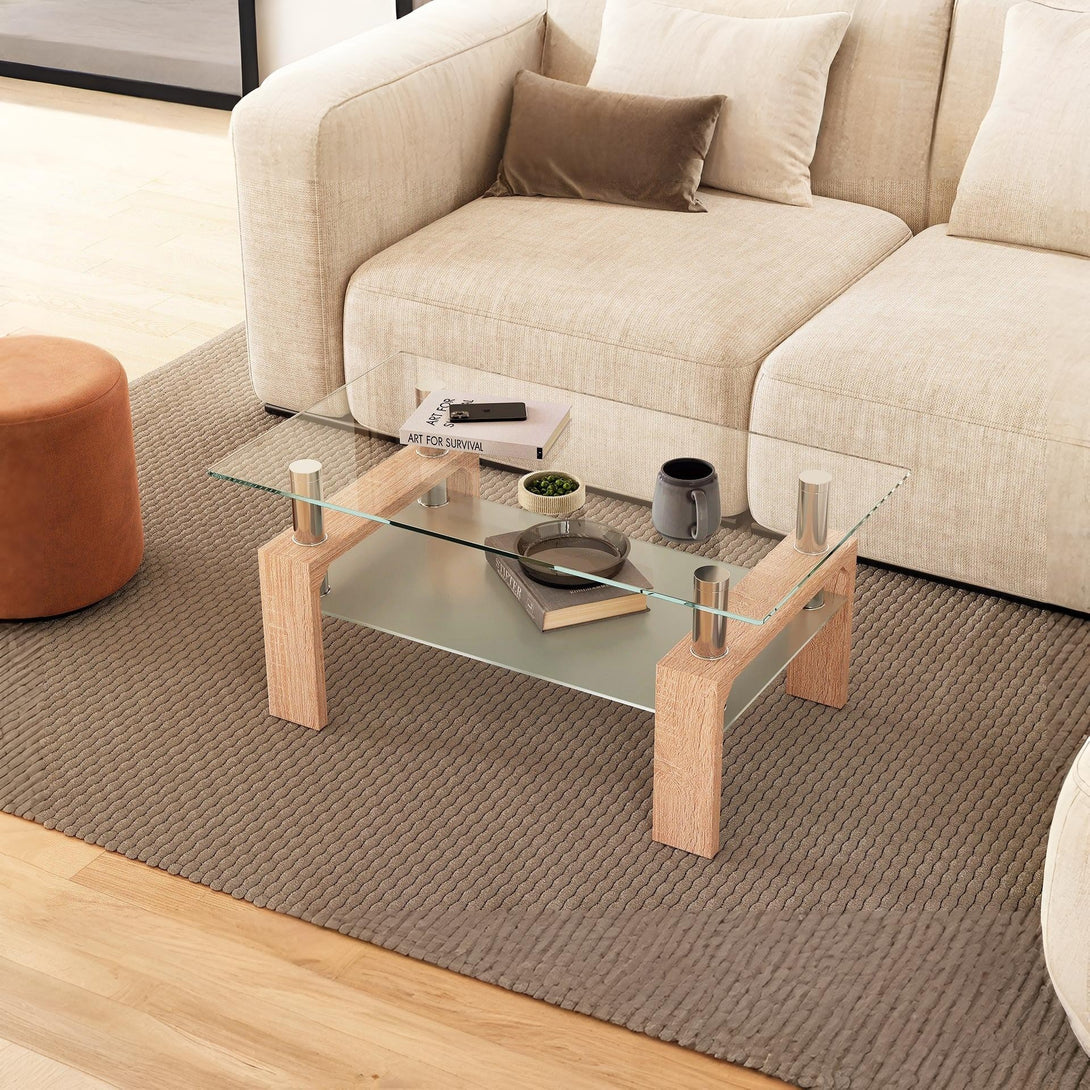 Ollie Tempered Glass Rectangle Coffee Table 95 x 55cm - Oak