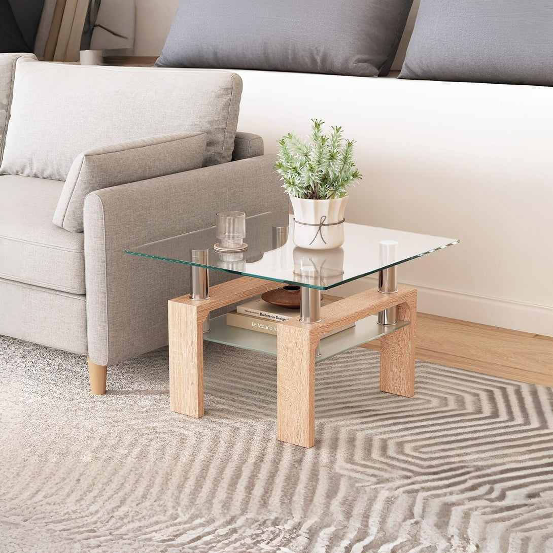 Ollie Tempered Glass Square Side Table 65 x 65cm - Oak