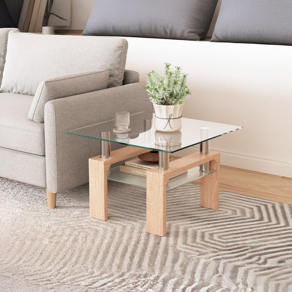 Ollie Tempered Glass Square Side Table 65 x 65cm - Oak