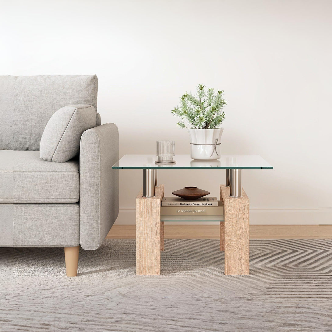 Ollie Tempered Glass Square Side Table 65 x 65cm - Oak