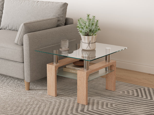 Ollie Tempered Glass Square Side Table 65 x 65cm - Oak