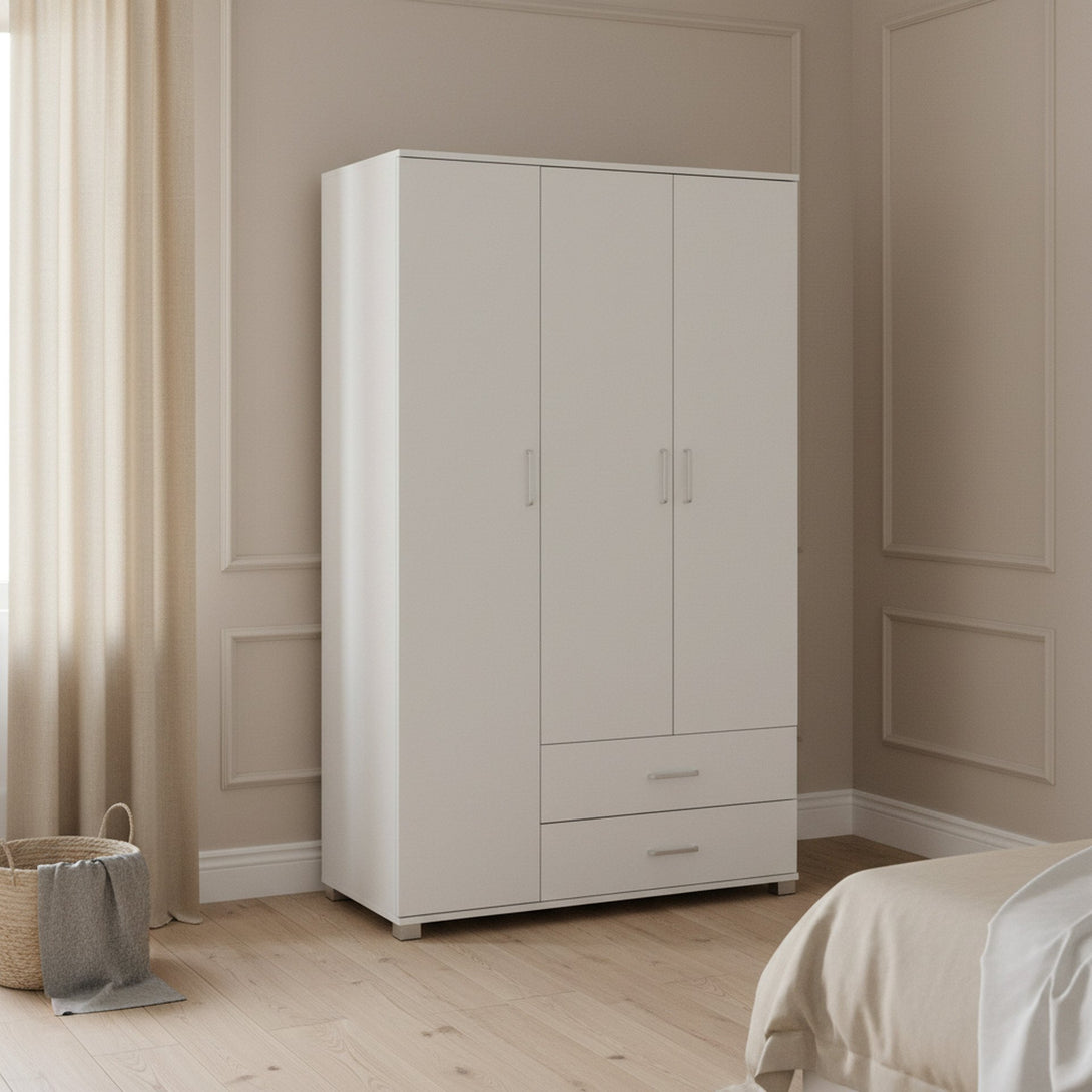 Bram 3 Door Wardrobe Cabinet with 2 Drawers - White