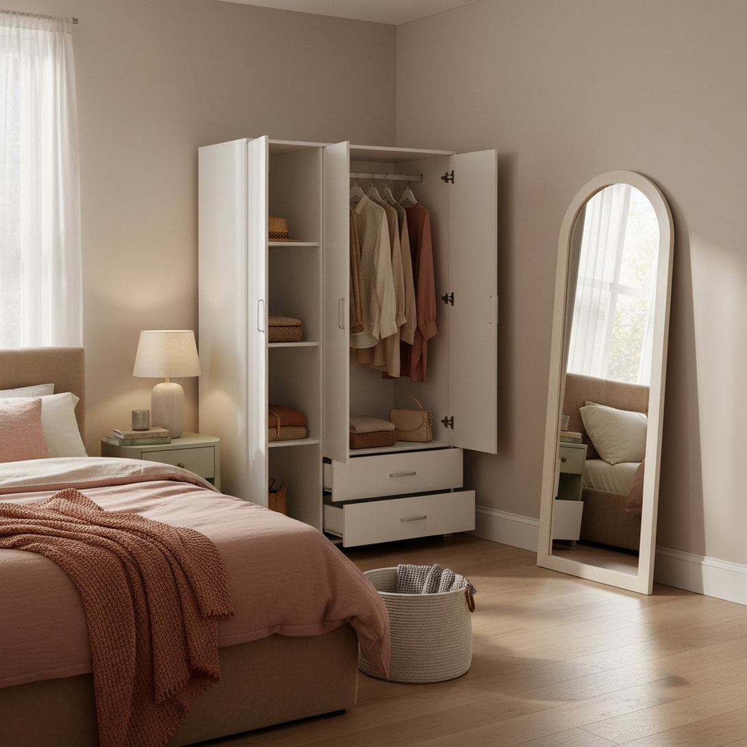 Bram 3 Door Wardrobe Cabinet with 2 Drawers - White