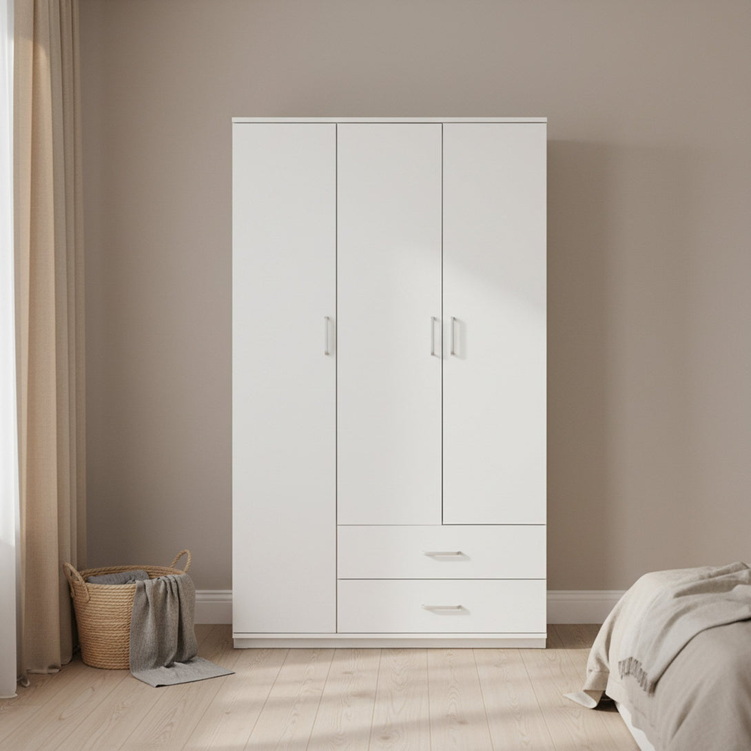 Bram 3 Door Wardrobe Cabinet with 2 Drawers - White