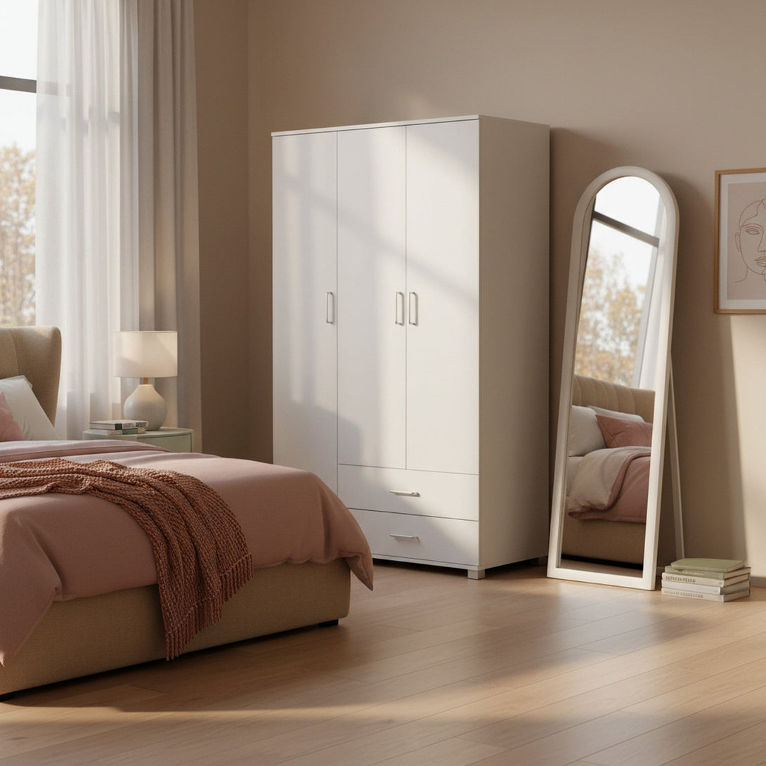 Bram 3 Door Wardrobe Cabinet with 2 Drawers - White