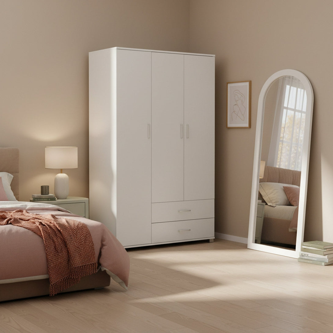 Bram 3 Door Wardrobe Cabinet with 2 Drawers - White