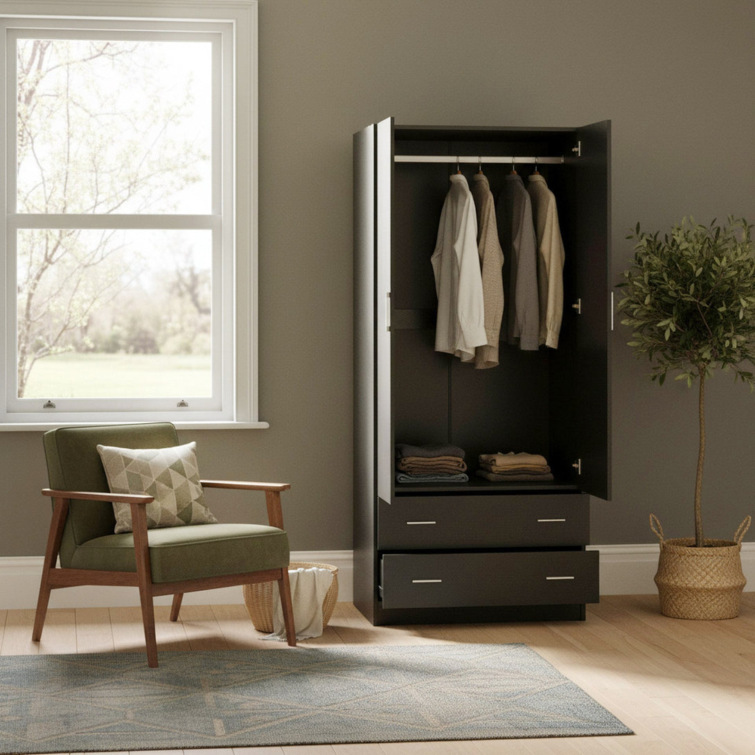 Bram 2 Door Wardrobe with 2 Drawers - Black