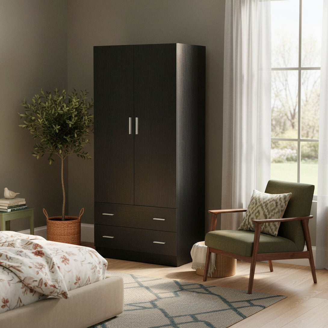 Bram 2 Door Wardrobe with 2 Drawers - Black