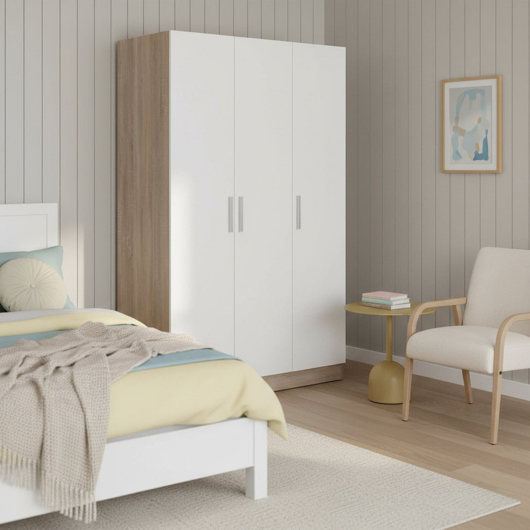 Bram 3 Door Wardrobe Cabinet - Oak + White