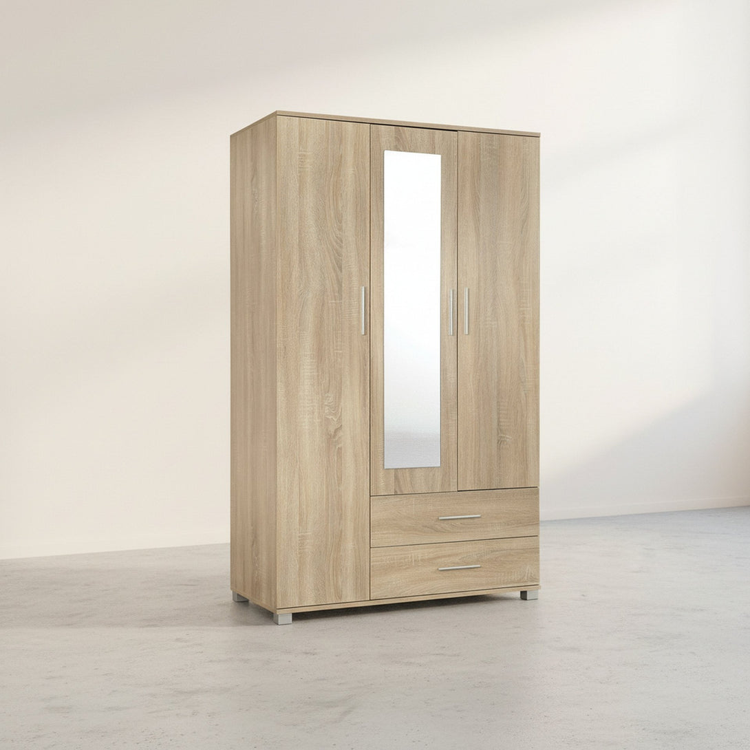Bram 3 Door Wardrobe Cabinet with Mirror - Oak