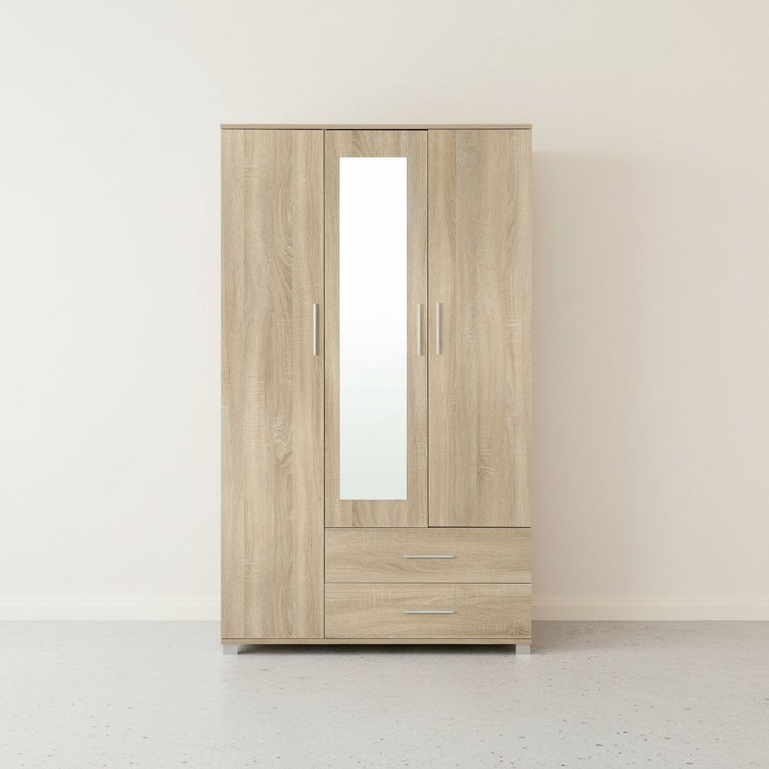 Bram 3 Door Wardrobe Cabinet with Mirror - Oak