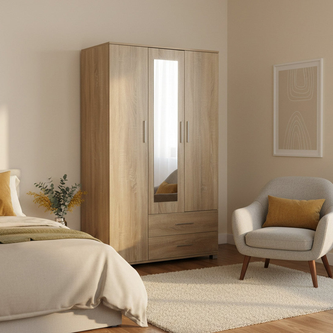 Bram 3 Door Wardrobe Cabinet with Mirror - Oak