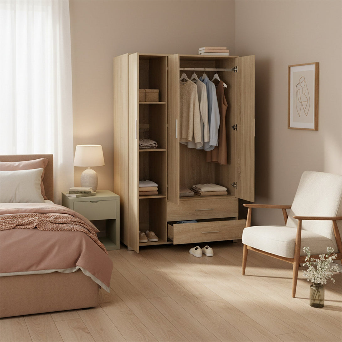 Bram 3 Door Wardrobe Cabinet with Mirror - Oak