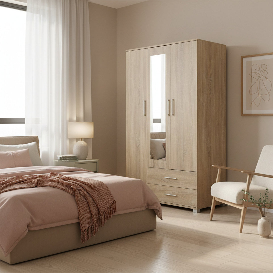 Bram 3 Door Wardrobe Cabinet with Mirror - Oak