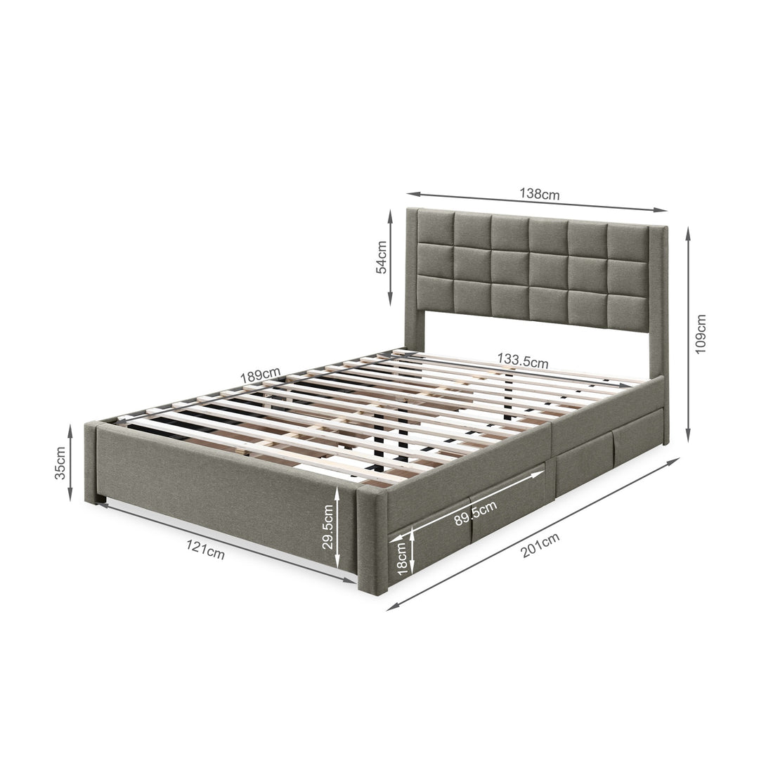 Denali Double Bed Frame with 4 Drawers - Light Grey