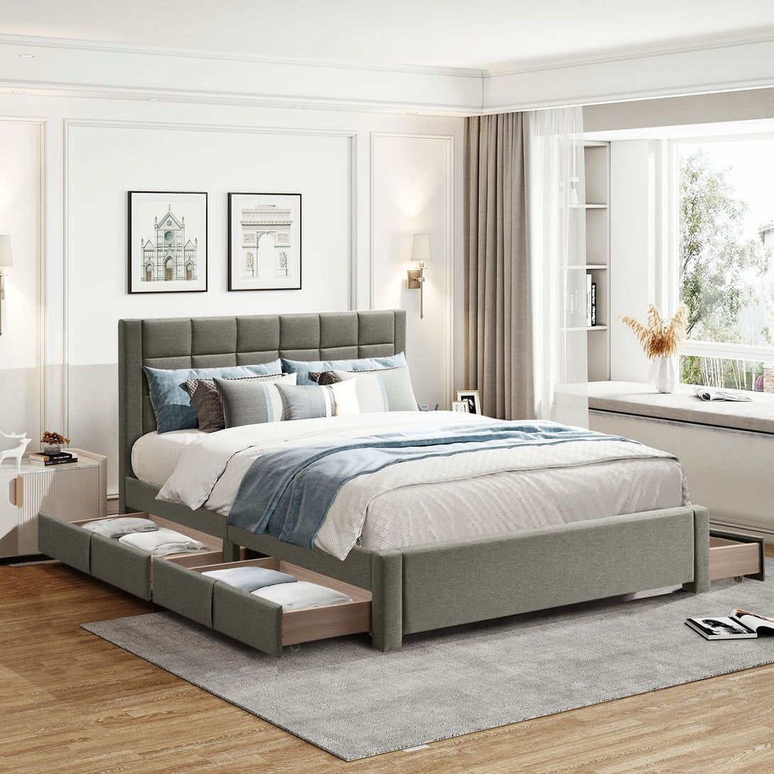 Denali Queen Bed Frame with 4 Drawers - Light Grey