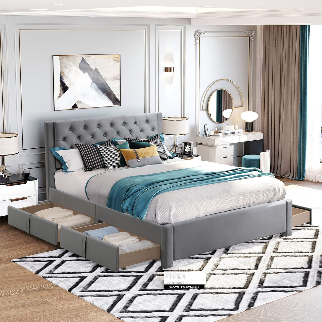 Montana Queen Bed Frame with 4 Drawers - Grey