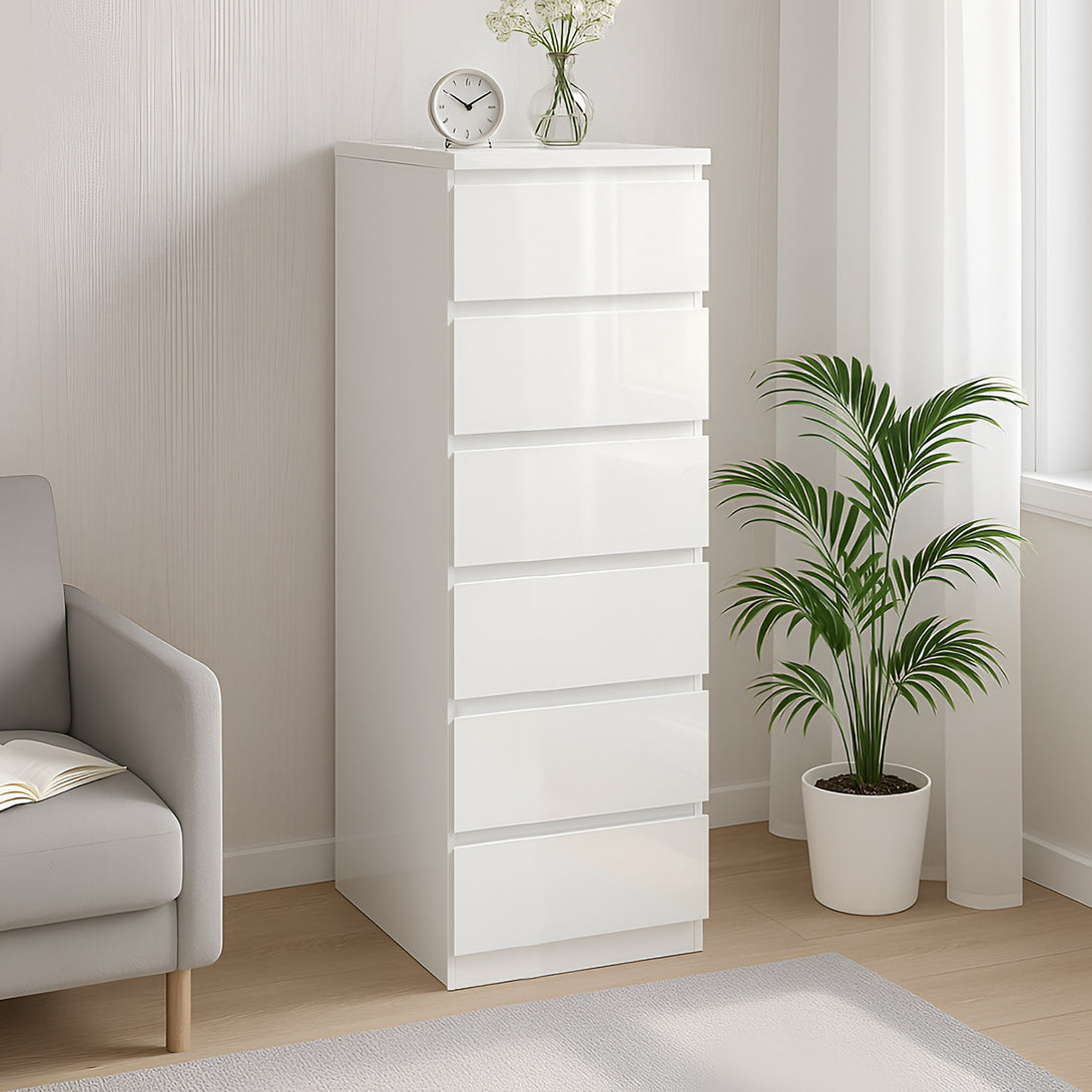 Angeles High Gloss 6 Drawer Slim Tallboy - White
