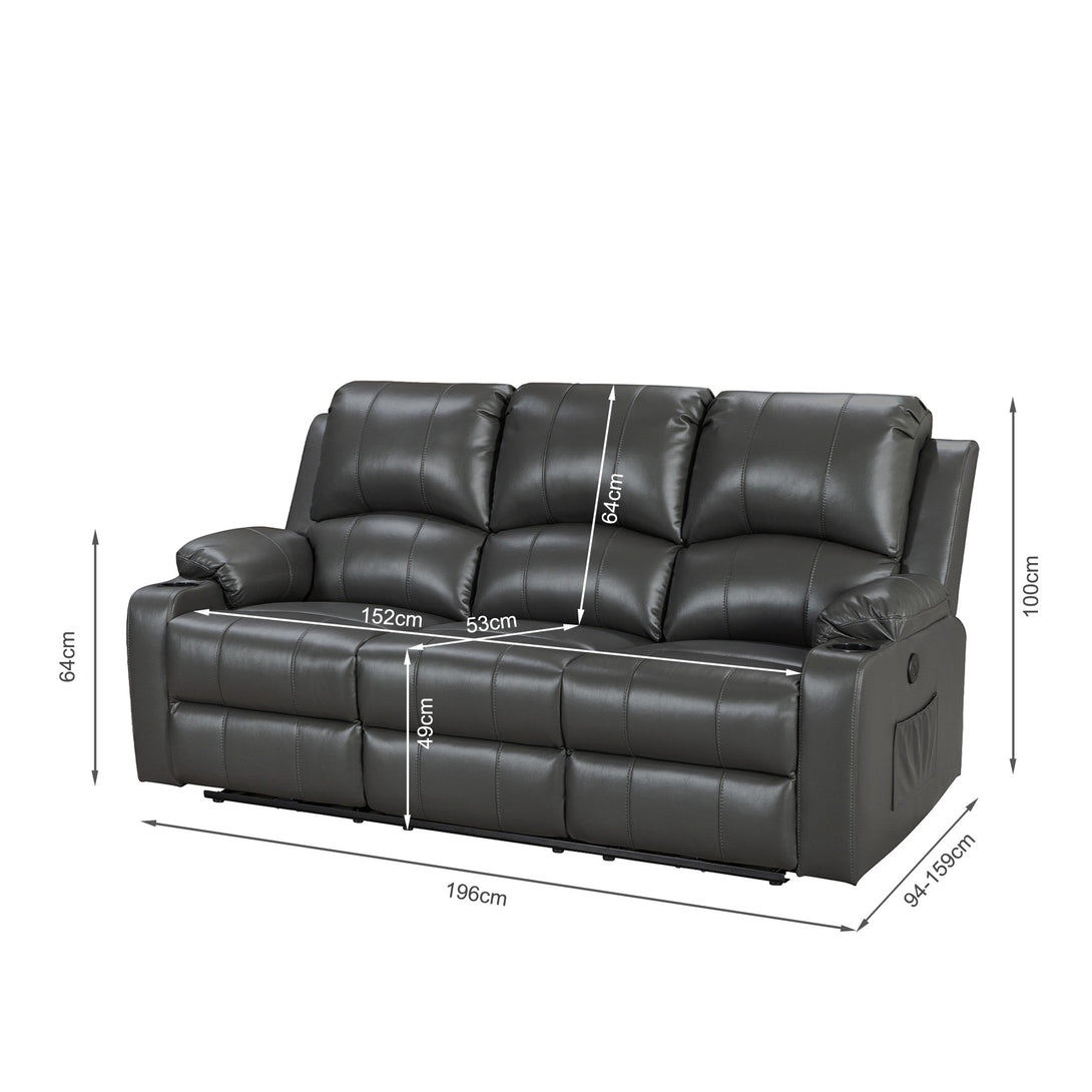 Henley Air Leather Electric 3 Seater Recliner Sofa - Grey