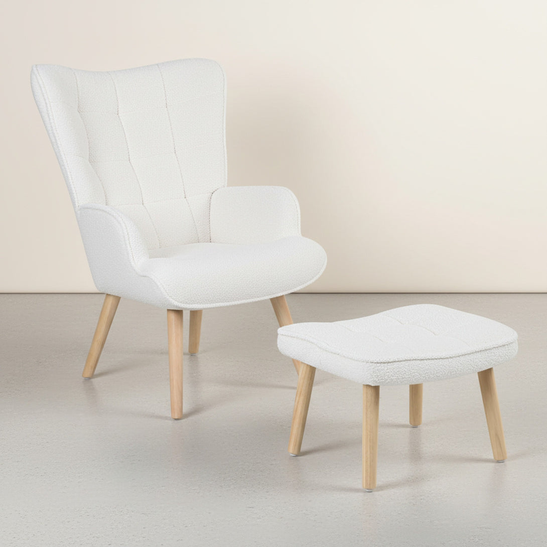 Emma Boucle Armchair with Ottoman - White 