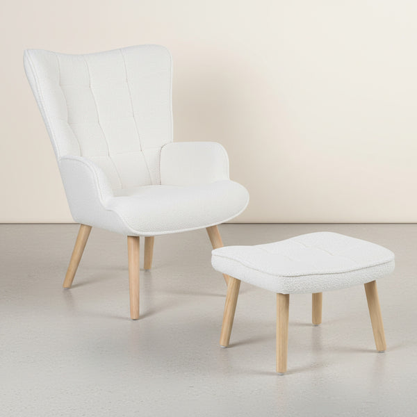 Emma Boucle Armchair with Ottoman - White 