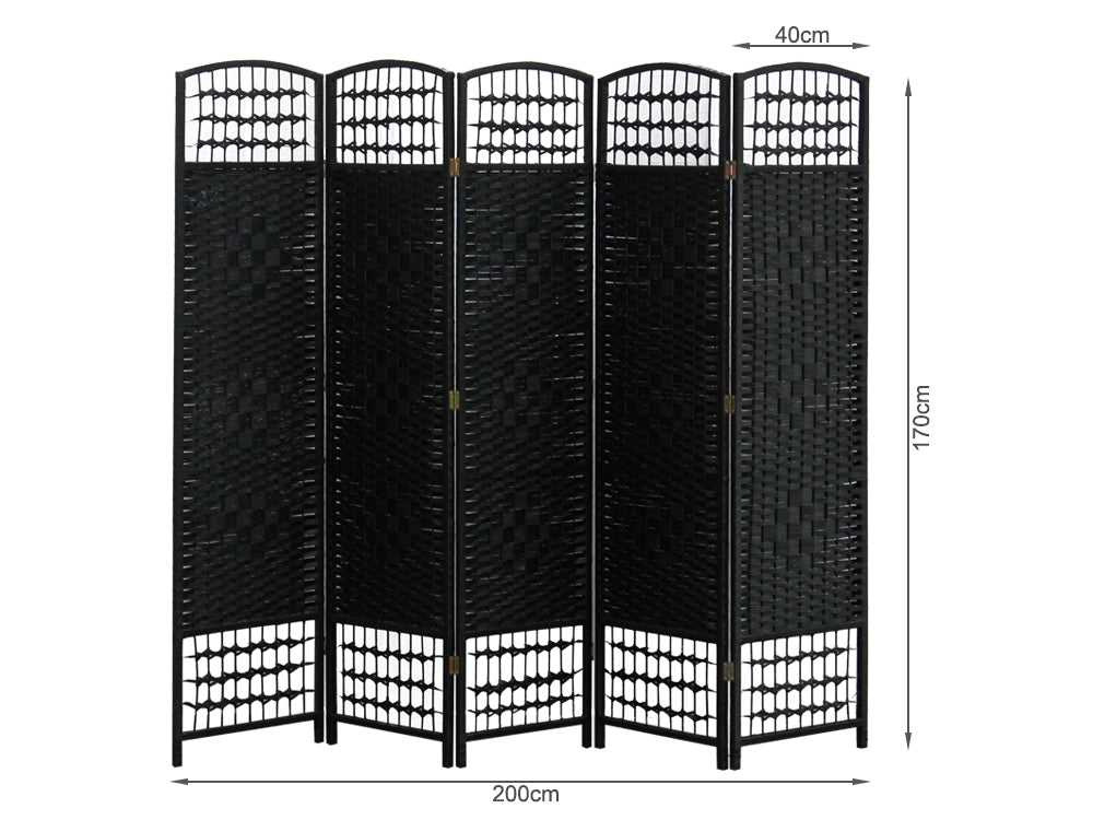 COONOOR 1.7M Rattan Room Divider Screen 5 Panels - BLACK