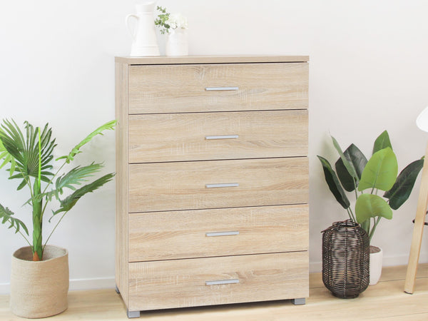 BRAM Tallboy 5 Drawer Chest Dresser - OAK