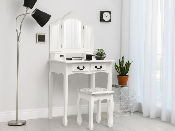 HEPATICA Dressing Table with Tri-folding Mirror Set 2PCS - WHITE