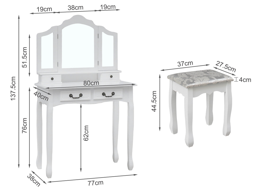 HEPATICA Dressing Table with Tri-folding Mirror Set 2PCS - WHITE
