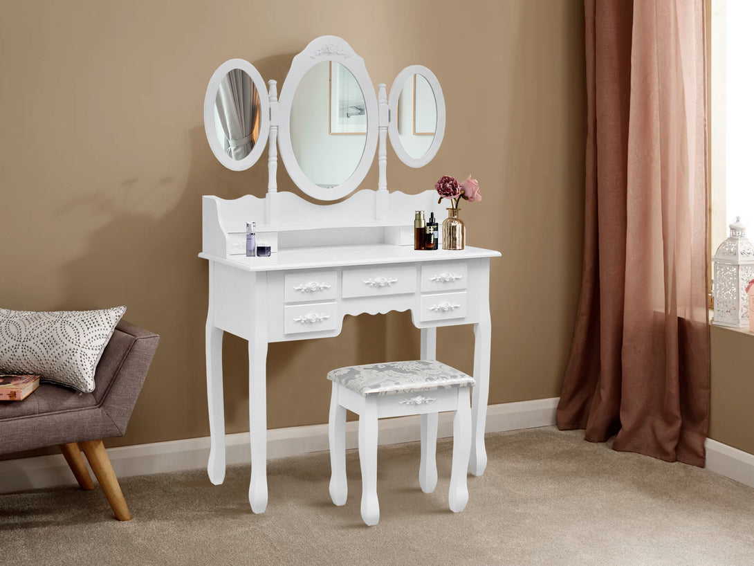 ASTILBE 7 Drawers Dressing Table with Folding Mirror Set 2PCS - WHITE