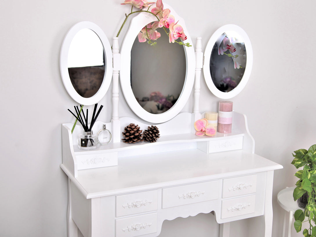 ASTILBE 7 Drawers Dressing Table with Folding Mirror Set 2PCS - WHITE