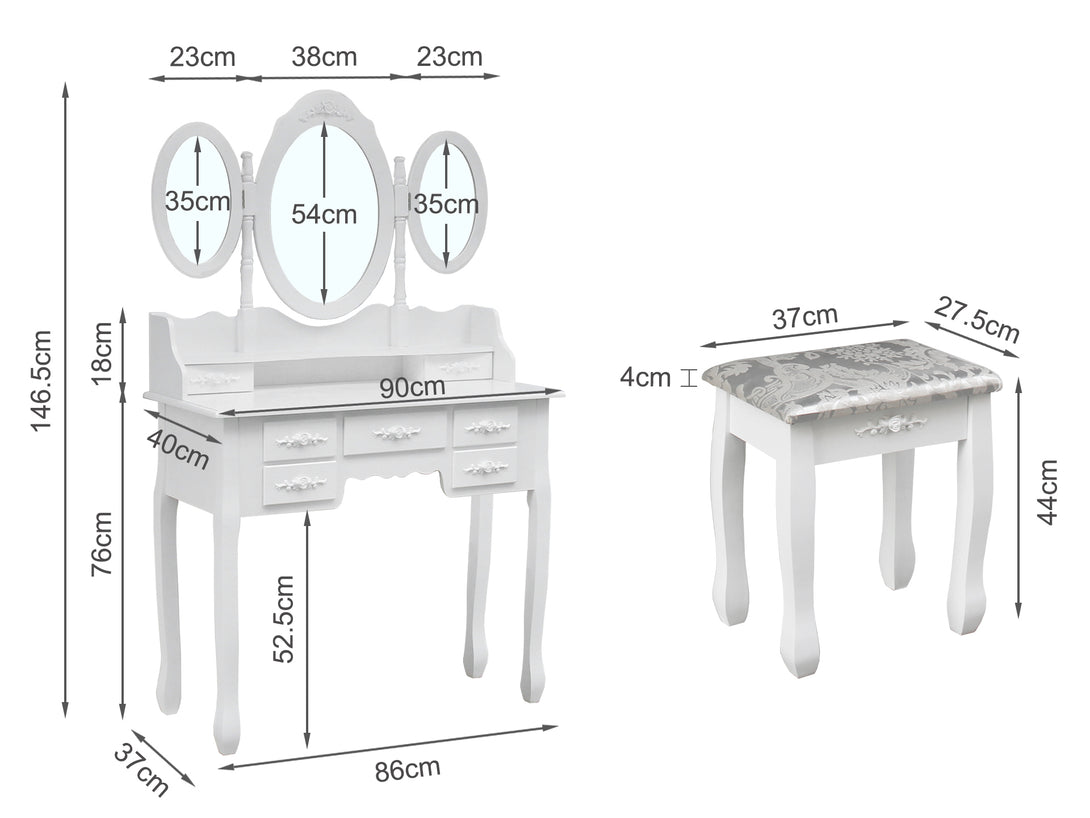 ASTILBE 7 Drawers Dressing Table with Folding Mirror Set 2PCS - WHITE