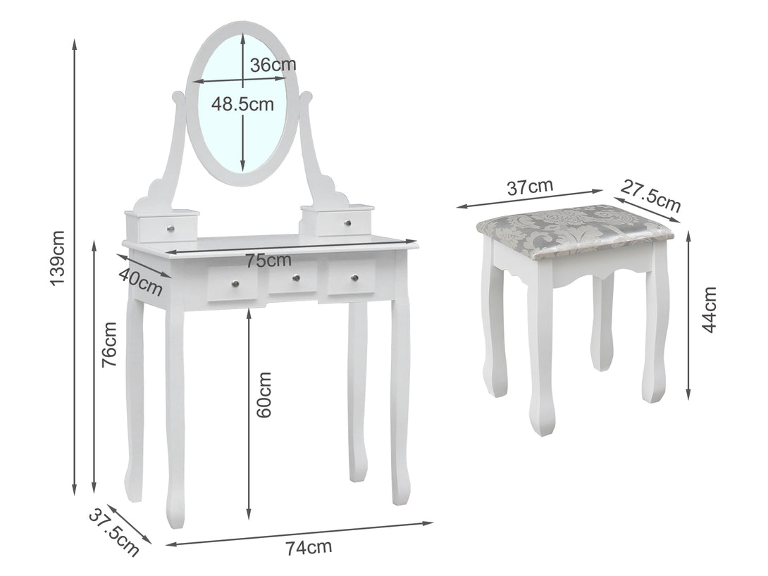 ANEMONE 5 Drawers Dressing Table with Rotating Mirror Set 2PCS - WHITE