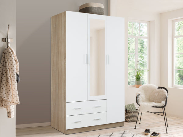 BRAM 3 Door Wardrobe Cabinet with Mirror - OAK + WHITE