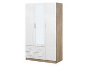 BRAM 3 Door Wardrobe Cabinet with Mirror - OAK + WHITE