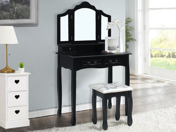 HEPATICA Dressing Table with Tri-folding Mirror Set 2PCS - BLACK
