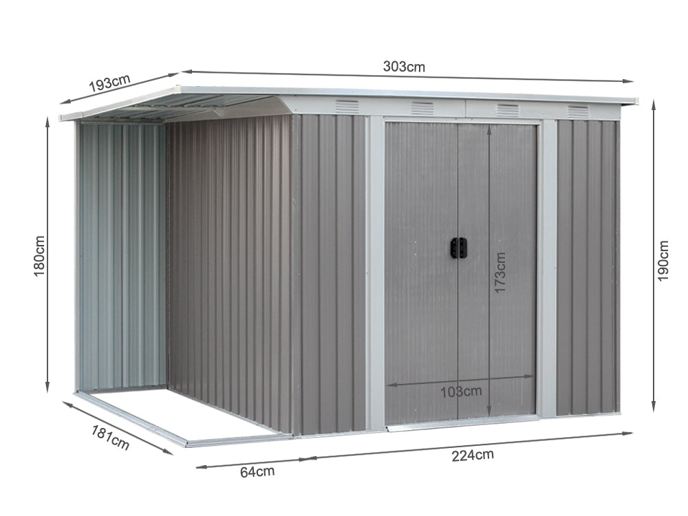 TOUGHOUT Garden Shed with Side Canopy 3.03M x 1.93M x 1.9M GREY