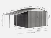 TOUGHOUT Garden Shed with Side Canopy 4.40M x 3.03M x 2.22M GREY