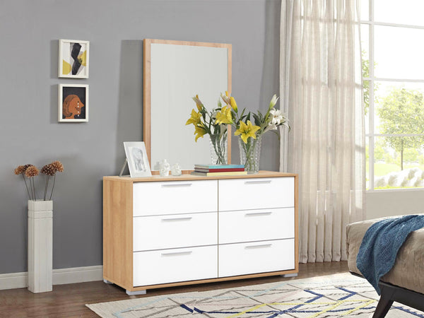 KAWEKA Low Boy 6 Drawers Chest Dresser with Mirror - OAK